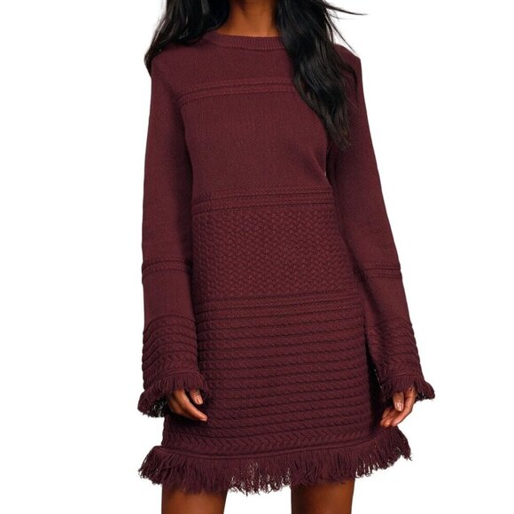 Lulu's Ambitious Attitude Burgundy Cable Knit Sweater Dress Womens XS Fringe - Picture 1 of 8